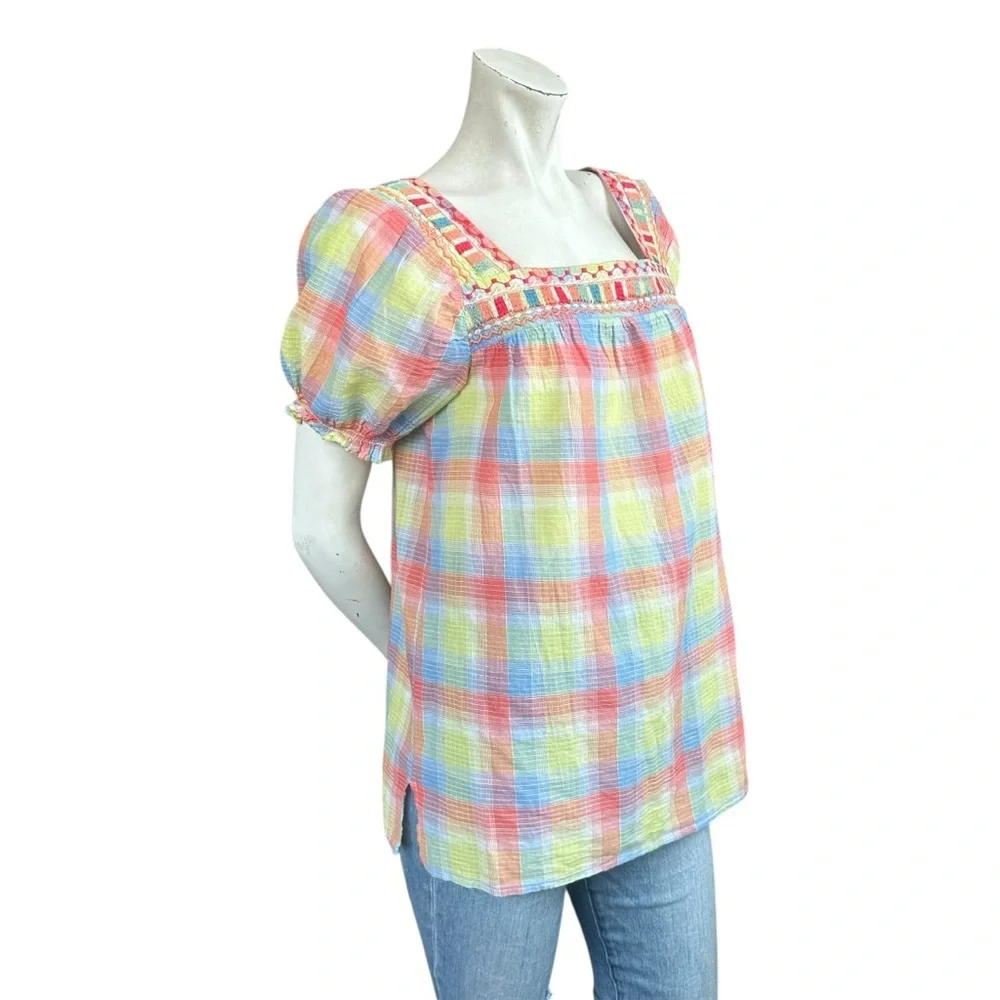 Johnny Was DELACEY PUFF SLEEVE PEASANT TOP Pastel Plaid Square Neck Size Small